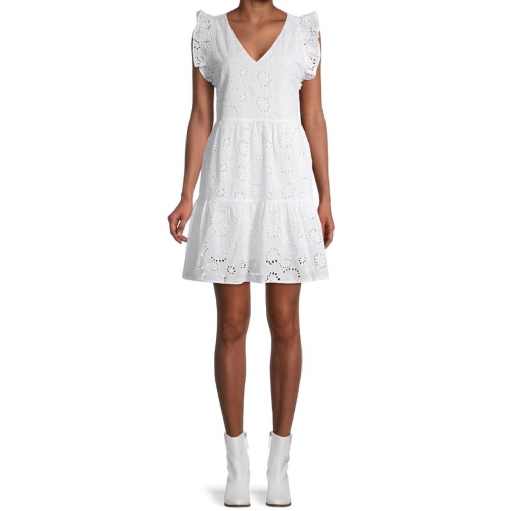 Time & Tru Size XS 0-2 White Cotton Eyelet Ruffle Dress with Pockets!
